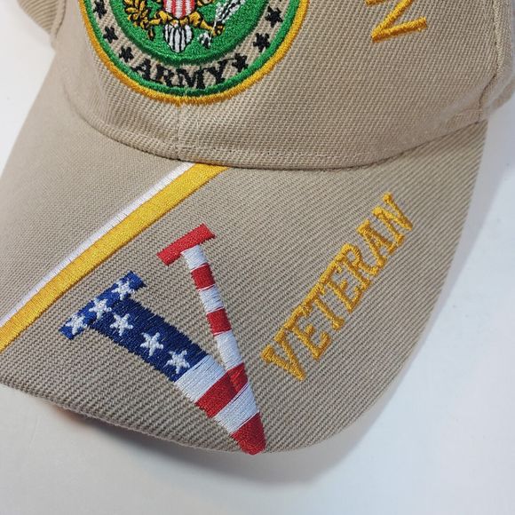 United States Army Veteran Tan Beige Baseball Trucker Cap Hat With 2 Pins Hook N - Picture 4 of 9